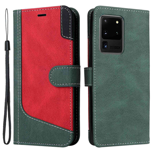 For Samsung Galaxy S20 Ultra 4G/5G Lightweight Phone Shell PU Leather Anti-scratch Wallet Stand Three-color Splicing Style Phone Protection Case - Green