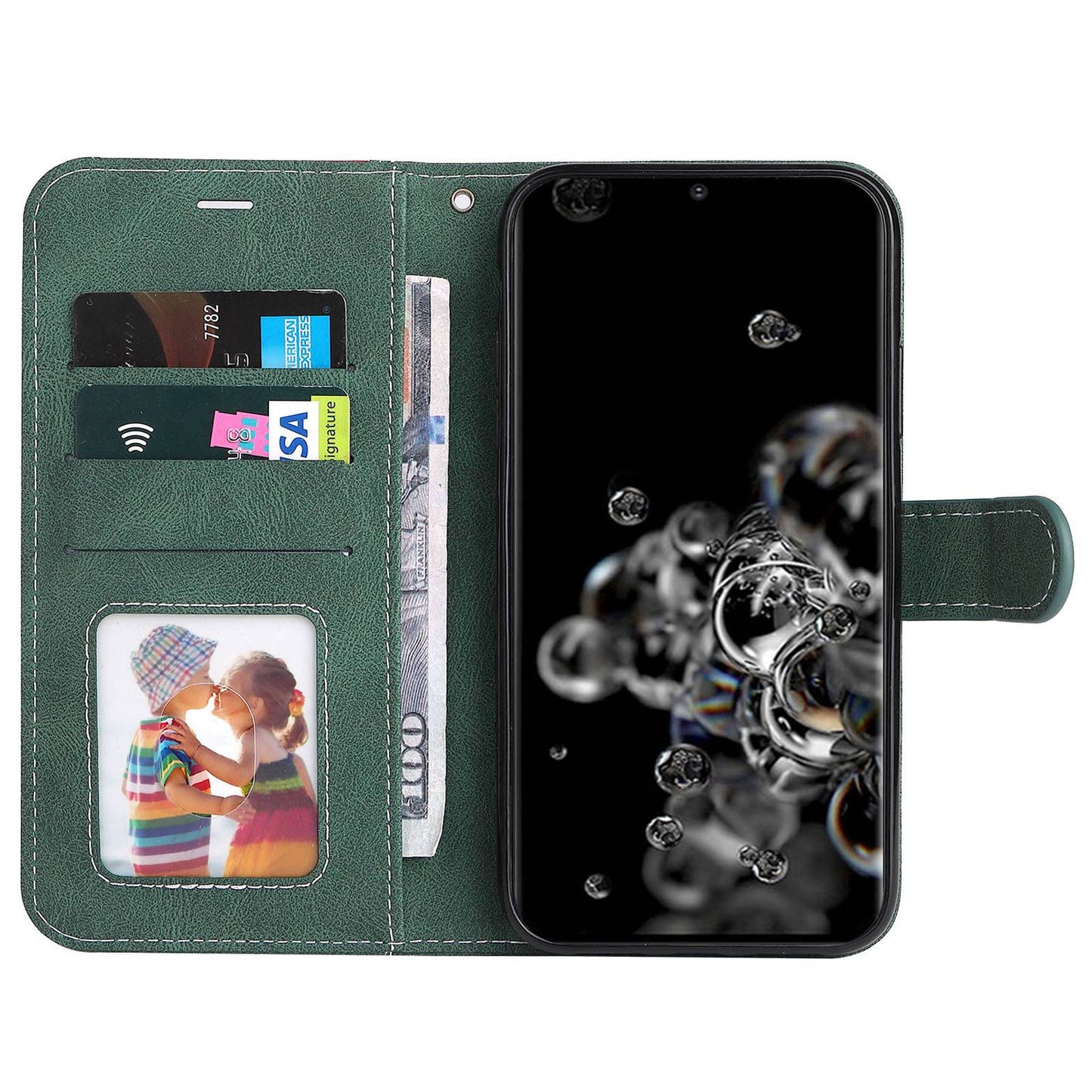 For Samsung Galaxy S20 Ultra 4G/5G Lightweight Phone Shell PU Leather Anti-scratch Wallet Stand Three-color Splicing Style Phone Protection Case - Green