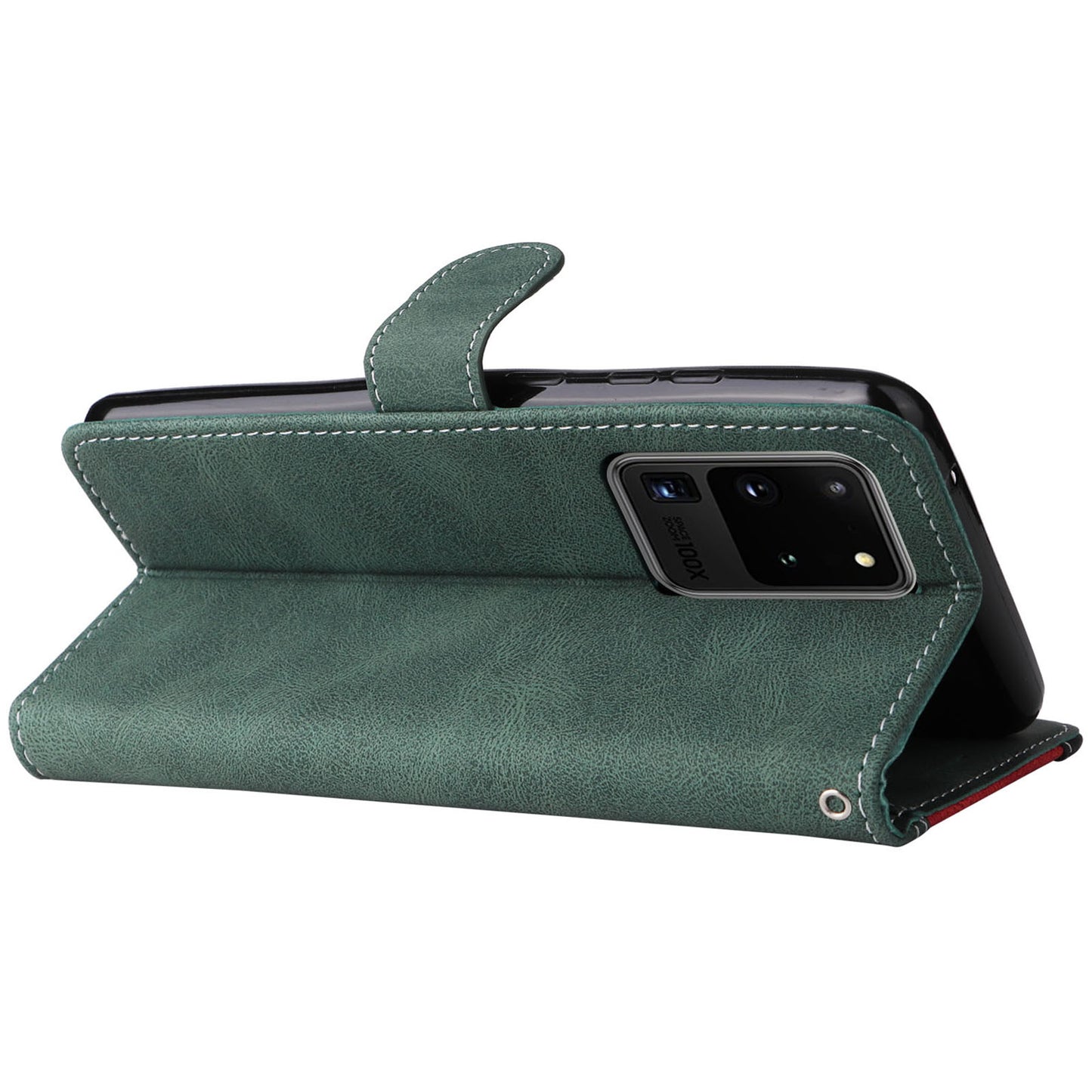 For Samsung Galaxy S20 Ultra 4G/5G Lightweight Phone Shell PU Leather Anti-scratch Wallet Stand Three-color Splicing Style Phone Protection Case - Green