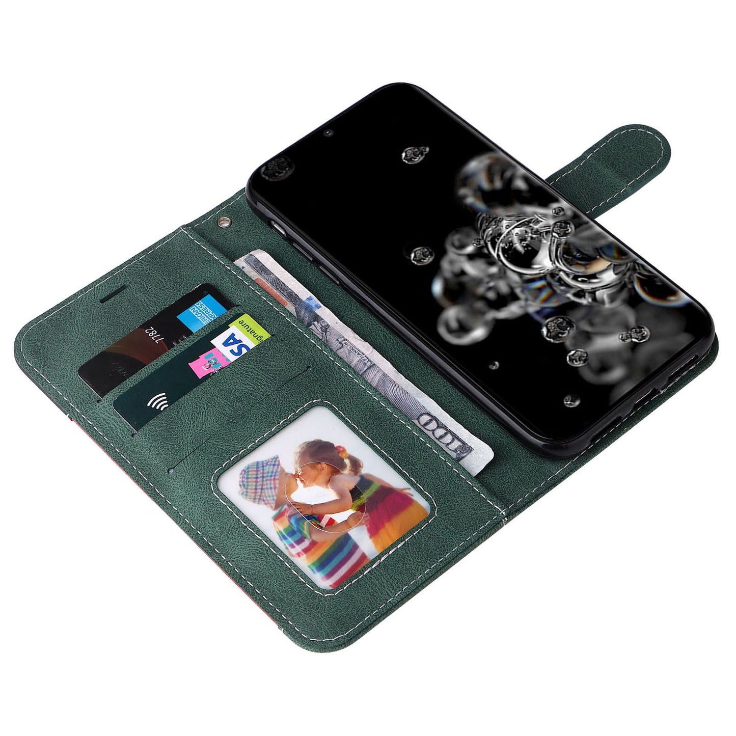 For Samsung Galaxy S20 Ultra 4G/5G Lightweight Phone Shell PU Leather Anti-scratch Wallet Stand Three-color Splicing Style Phone Protection Case - Green