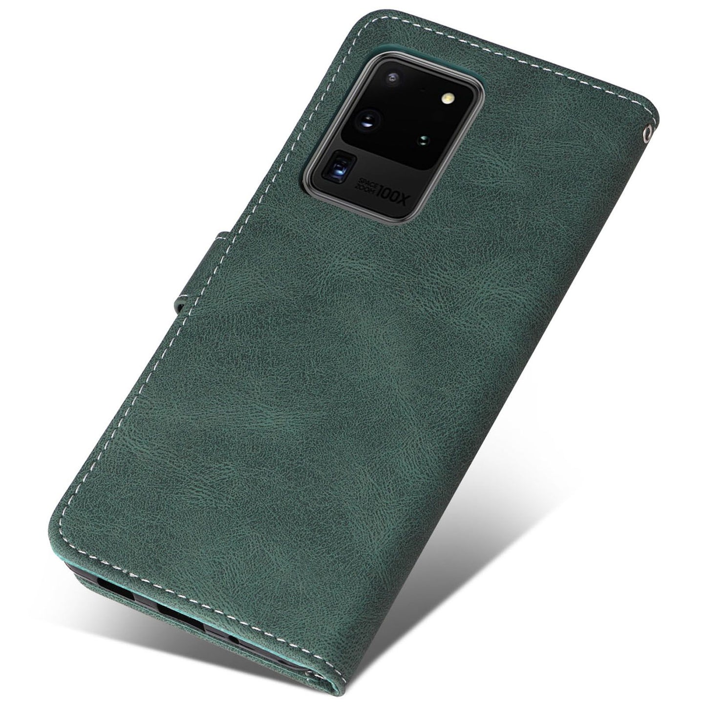 For Samsung Galaxy S20 Ultra 4G/5G Lightweight Phone Shell PU Leather Anti-scratch Wallet Stand Three-color Splicing Style Phone Protection Case - Green