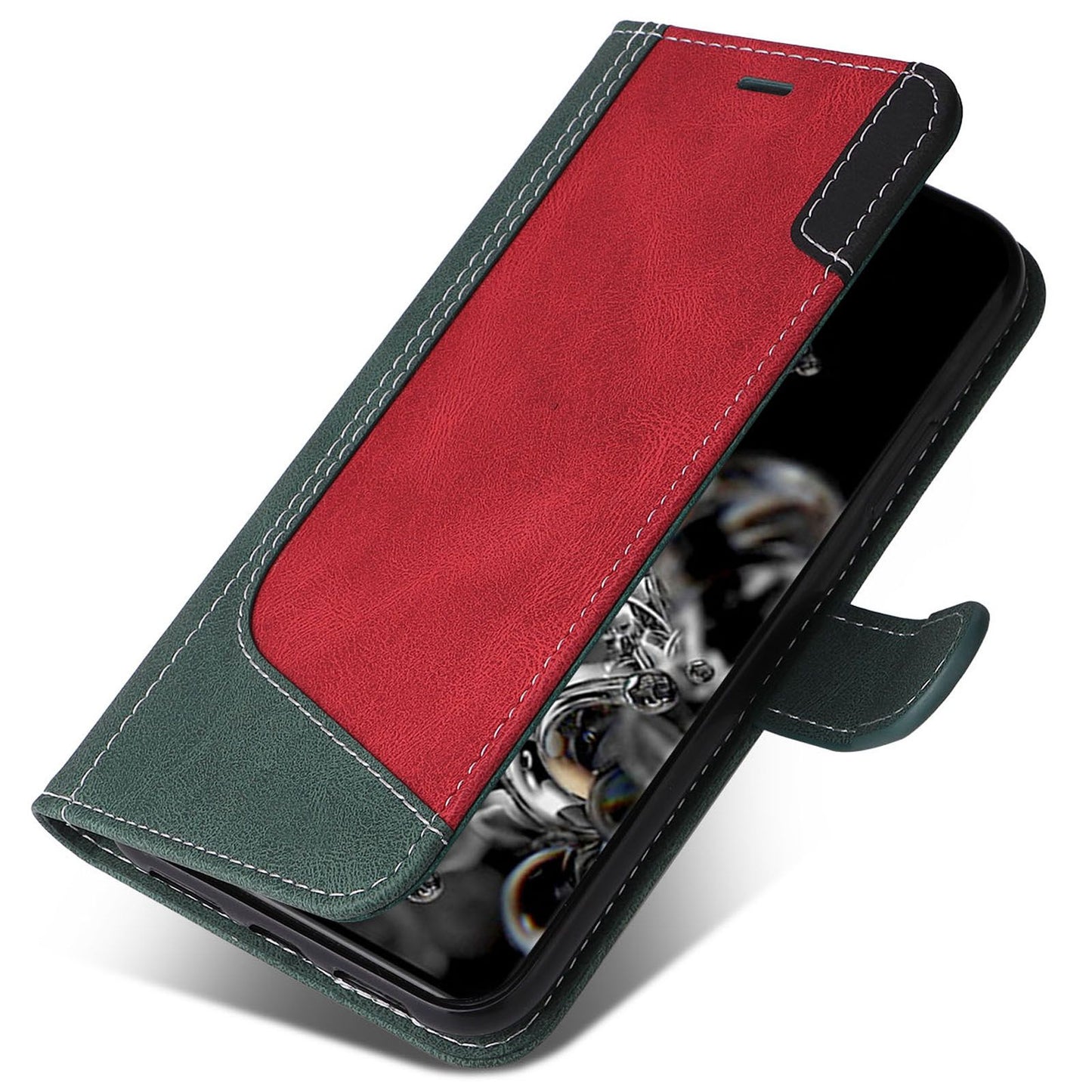 For Samsung Galaxy S20 Ultra 4G/5G Lightweight Phone Shell PU Leather Anti-scratch Wallet Stand Three-color Splicing Style Phone Protection Case - Green