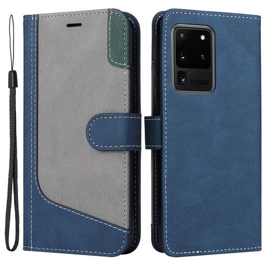 For Samsung Galaxy S20 Ultra 4G/5G Lightweight Phone Shell PU Leather Anti-scratch Wallet Stand Three-color Splicing Style Phone Protection Case - Blue