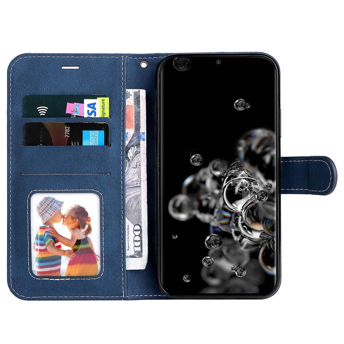 For Samsung Galaxy S20 Ultra 4G/5G Lightweight Phone Shell PU Leather Anti-scratch Wallet Stand Three-color Splicing Style Phone Protection Case - Blue