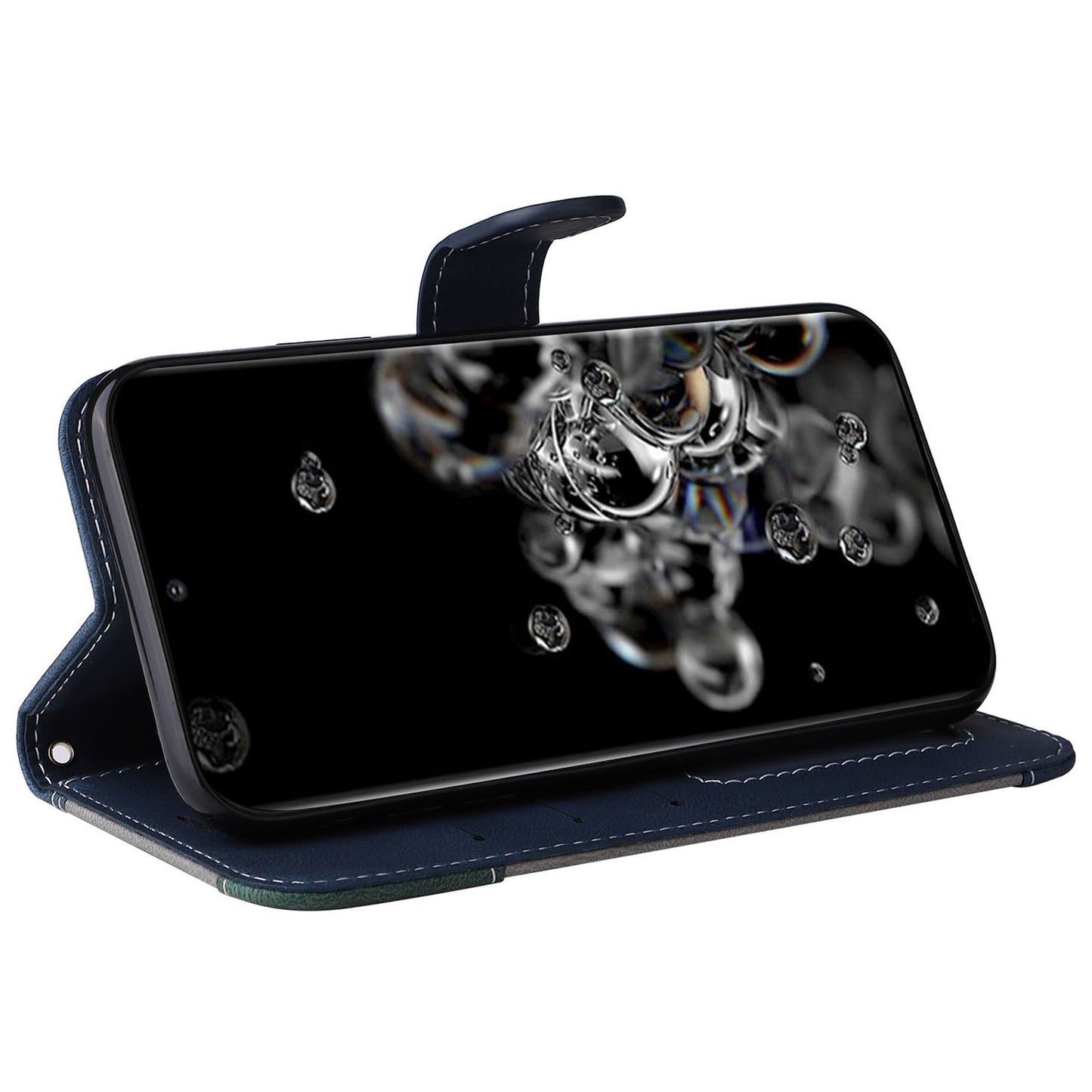 For Samsung Galaxy S20 Ultra 4G/5G Lightweight Phone Shell PU Leather Anti-scratch Wallet Stand Three-color Splicing Style Phone Protection Case - Blue
