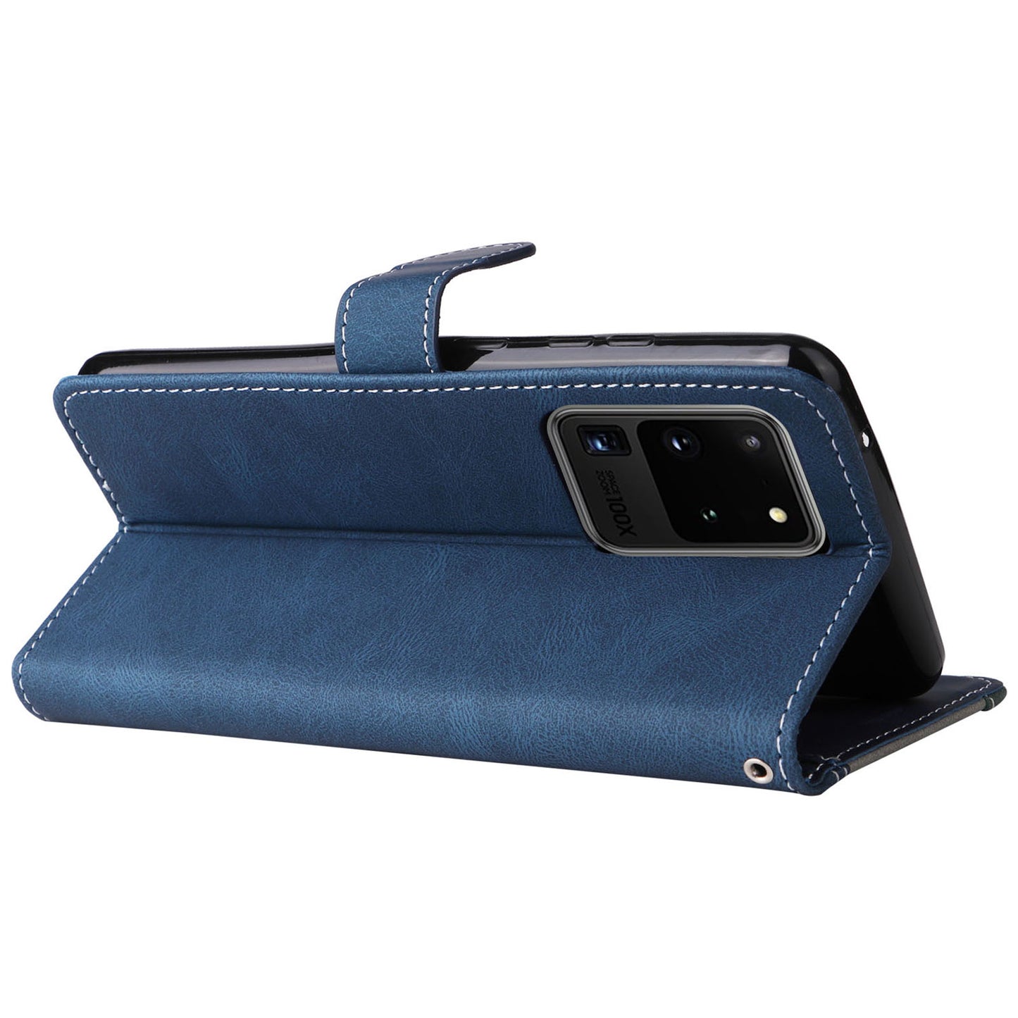 For Samsung Galaxy S20 Ultra 4G/5G Lightweight Phone Shell PU Leather Anti-scratch Wallet Stand Three-color Splicing Style Phone Protection Case - Blue