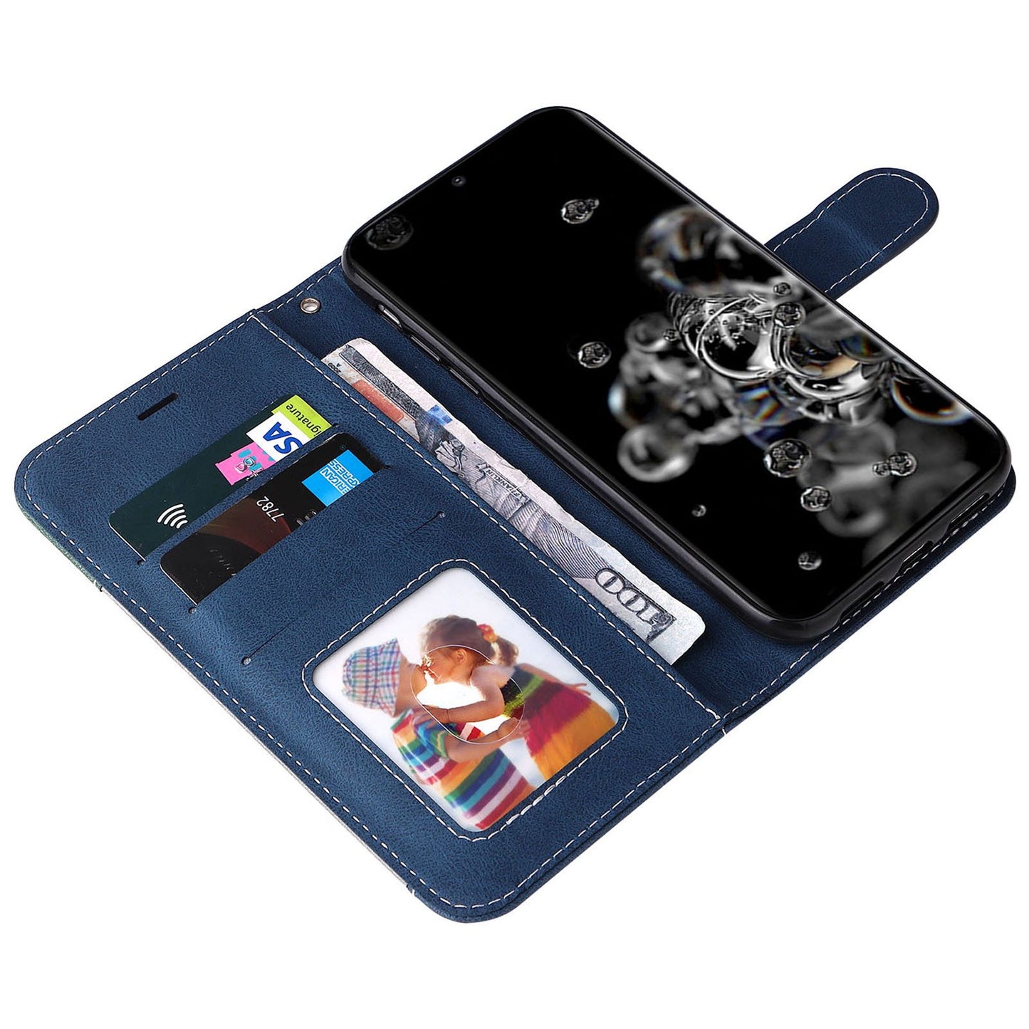 For Samsung Galaxy S20 Ultra 4G/5G Lightweight Phone Shell PU Leather Anti-scratch Wallet Stand Three-color Splicing Style Phone Protection Case - Blue