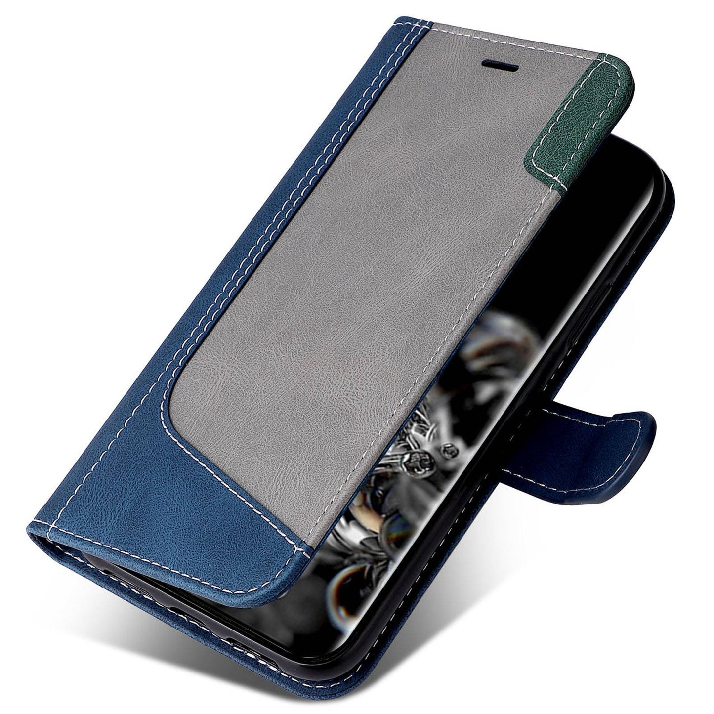 For Samsung Galaxy S20 Ultra 4G/5G Lightweight Phone Shell PU Leather Anti-scratch Wallet Stand Three-color Splicing Style Phone Protection Case - Blue