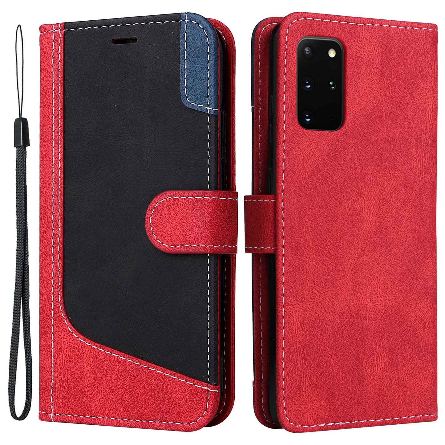 Cell Phone Case for Samsung Galaxy S20 Plus 5G/4G, Wallet Stand Anti-drop Three-color Splicing Style Phone Protection Shell Red