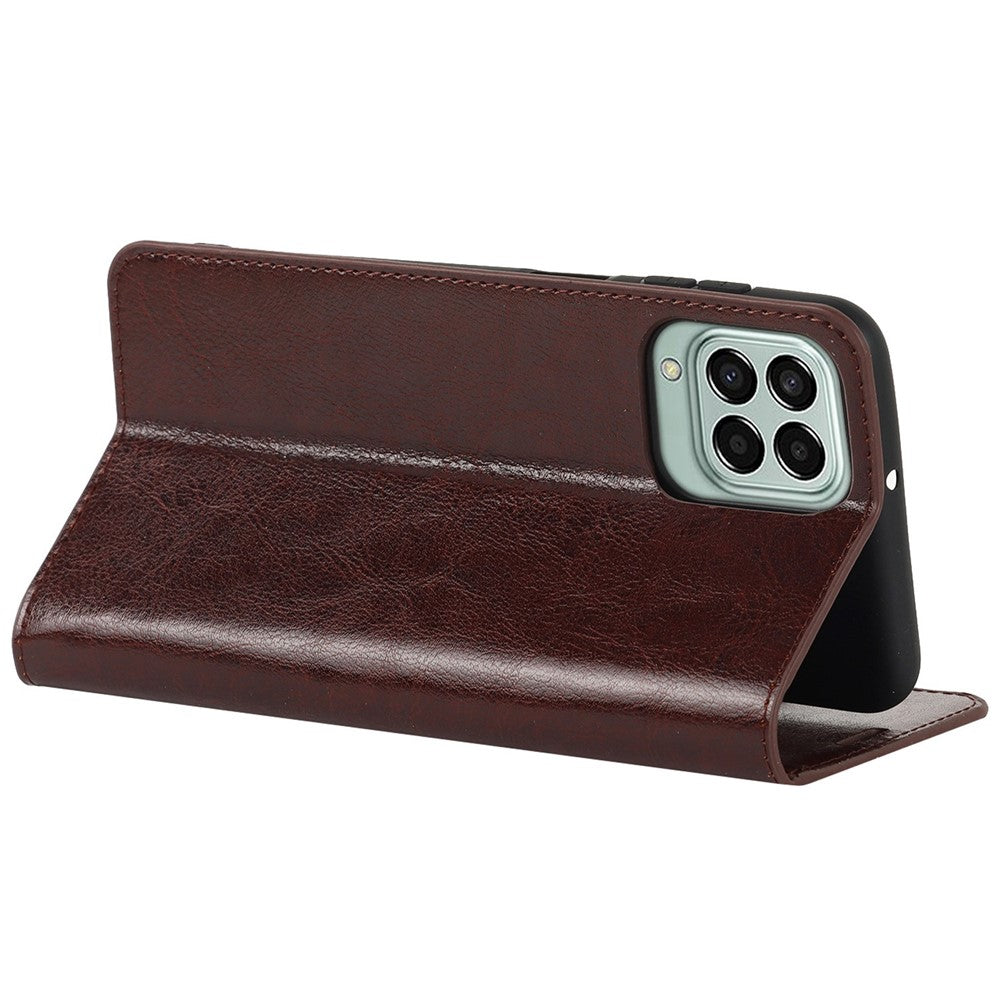 For Samsung Galaxy M53 5G Shockproof Genuine Leather Flip Cover Crazy Horse Texture Wallet Viewing Stand Magnetic Absorption Shell - Dark Brown