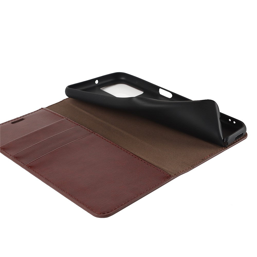 For Samsung Galaxy M53 5G Shockproof Genuine Leather Flip Cover Crazy Horse Texture Wallet Viewing Stand Magnetic Absorption Shell - Dark Brown