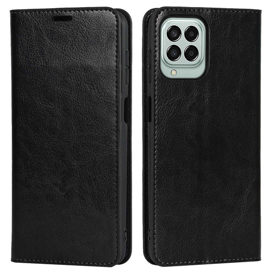 For Samsung Galaxy M53 5G Shockproof Genuine Leather Flip Cover Crazy Horse Texture Wallet Viewing Stand Magnetic Absorption Shell - Black