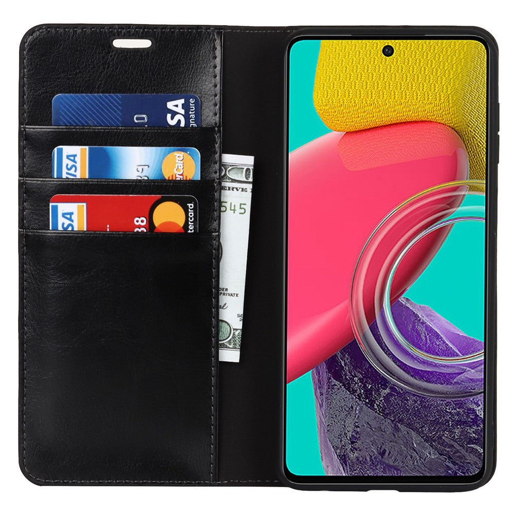 For Samsung Galaxy M53 5G Shockproof Genuine Leather Flip Cover Crazy Horse Texture Wallet Viewing Stand Magnetic Absorption Shell - Black