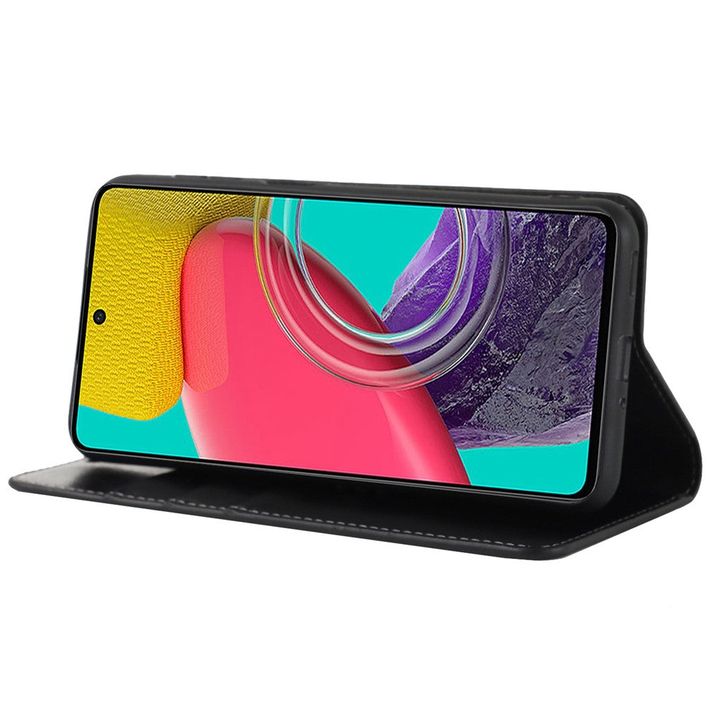 For Samsung Galaxy M53 5G Shockproof Genuine Leather Flip Cover Crazy Horse Texture Wallet Viewing Stand Magnetic Absorption Shell - Black