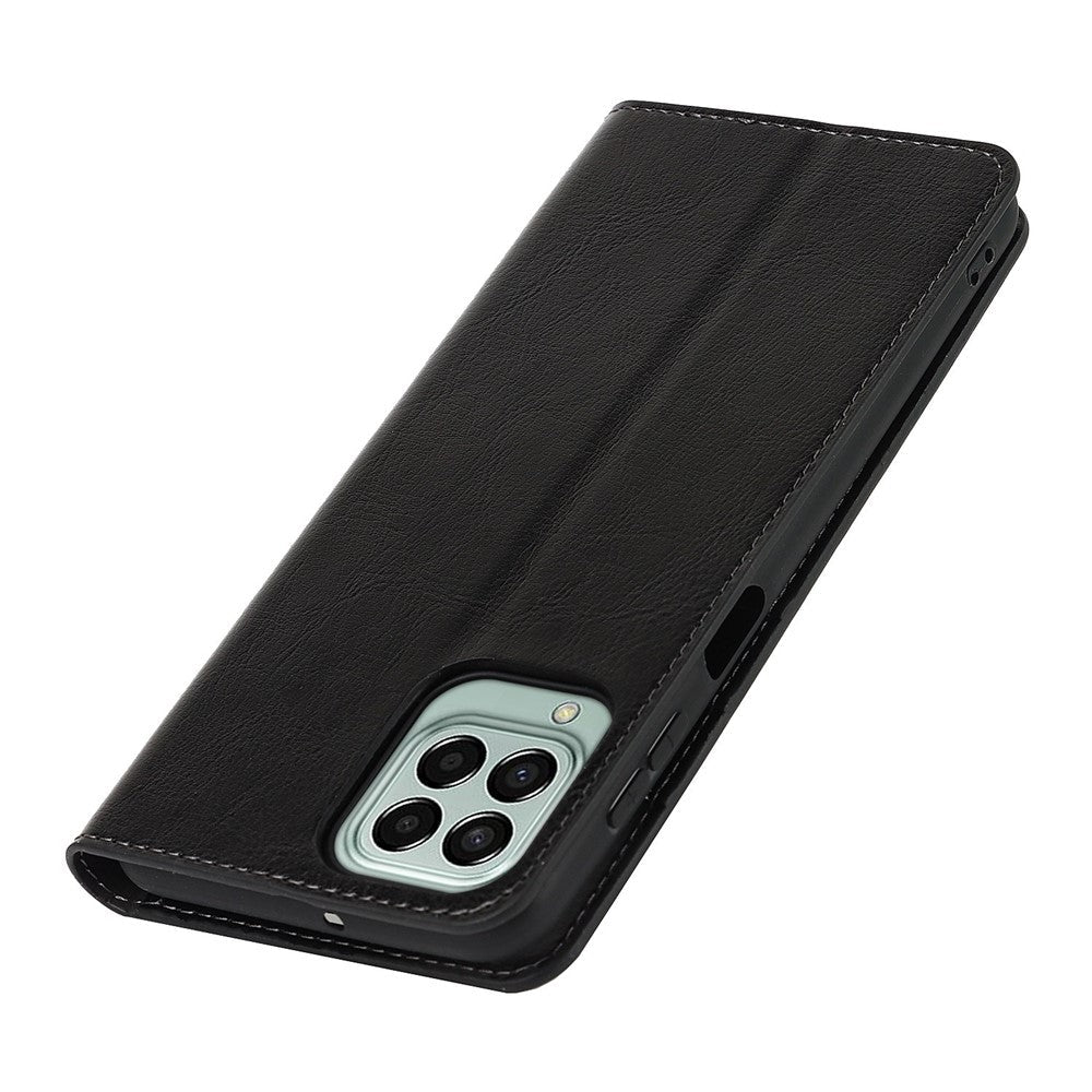 For Samsung Galaxy M53 5G Shockproof Genuine Leather Flip Cover Crazy Horse Texture Wallet Viewing Stand Magnetic Absorption Shell - Black
