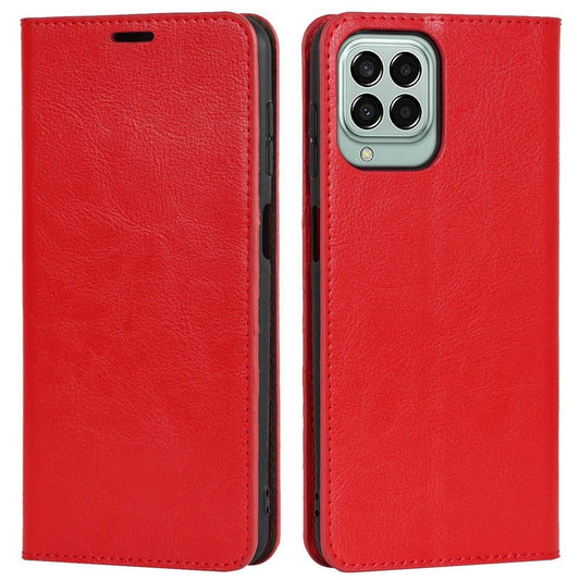 For Samsung Galaxy M53 5G Shockproof Genuine Leather Flip Cover Crazy Horse Texture Wallet Viewing Stand Magnetic Absorption Shell - Red