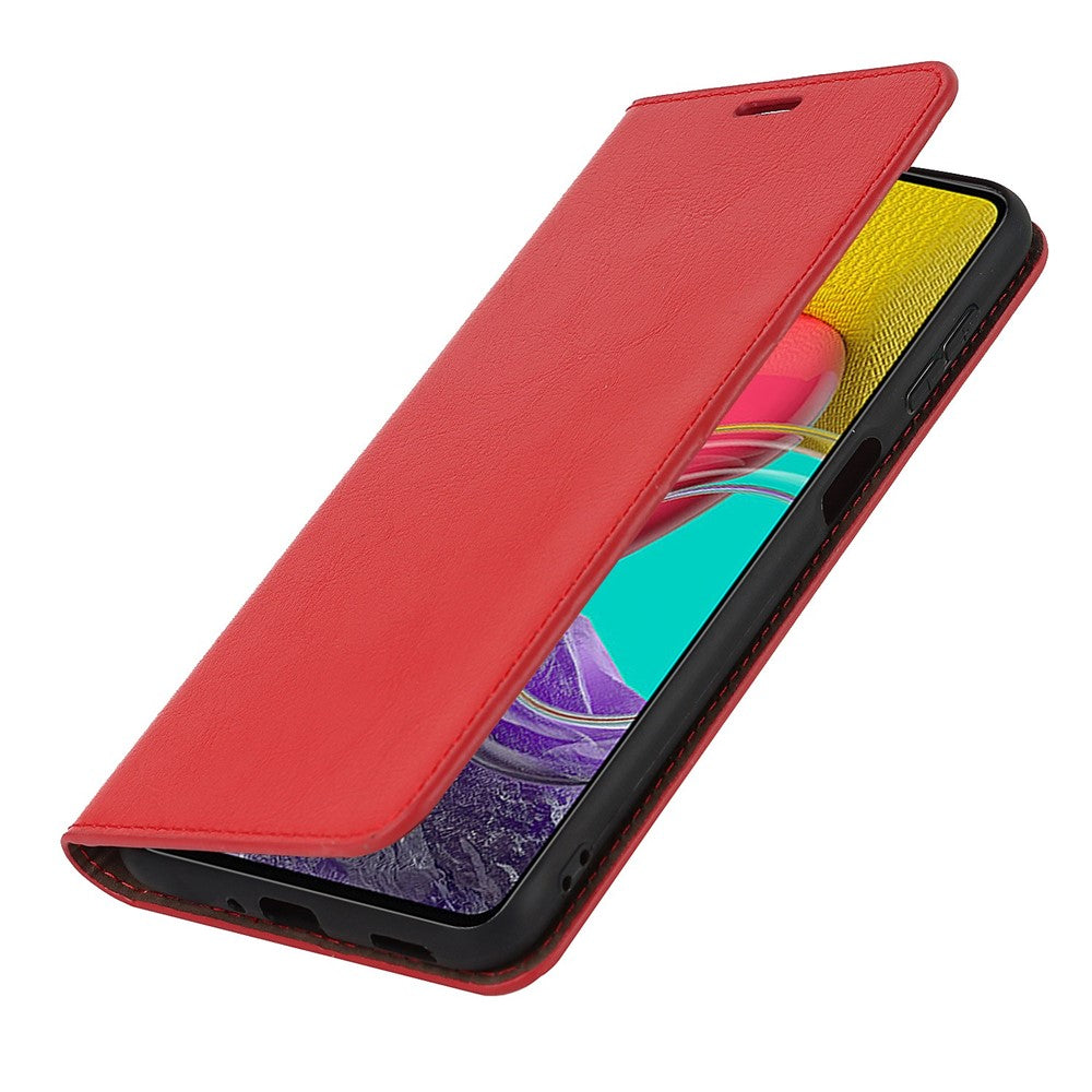 For Samsung Galaxy M53 5G Shockproof Genuine Leather Flip Cover Crazy Horse Texture Wallet Viewing Stand Magnetic Absorption Shell - Red