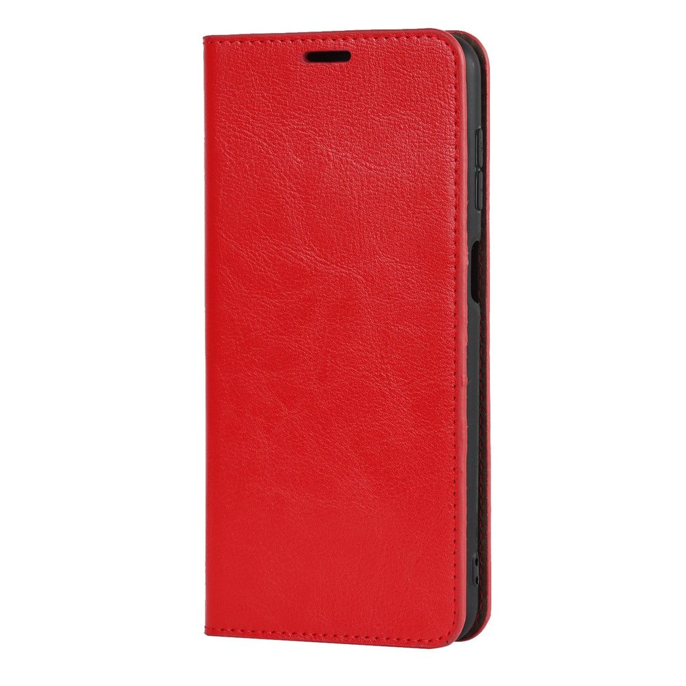 For Samsung Galaxy M53 5G Shockproof Genuine Leather Flip Cover Crazy Horse Texture Wallet Viewing Stand Magnetic Absorption Shell - Red