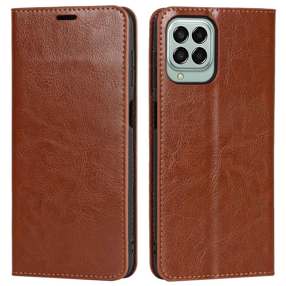 For Samsung Galaxy M53 5G Shockproof Genuine Leather Flip Cover Crazy Horse Texture Wallet Viewing Stand Magnetic Absorption Shell - Light Brown