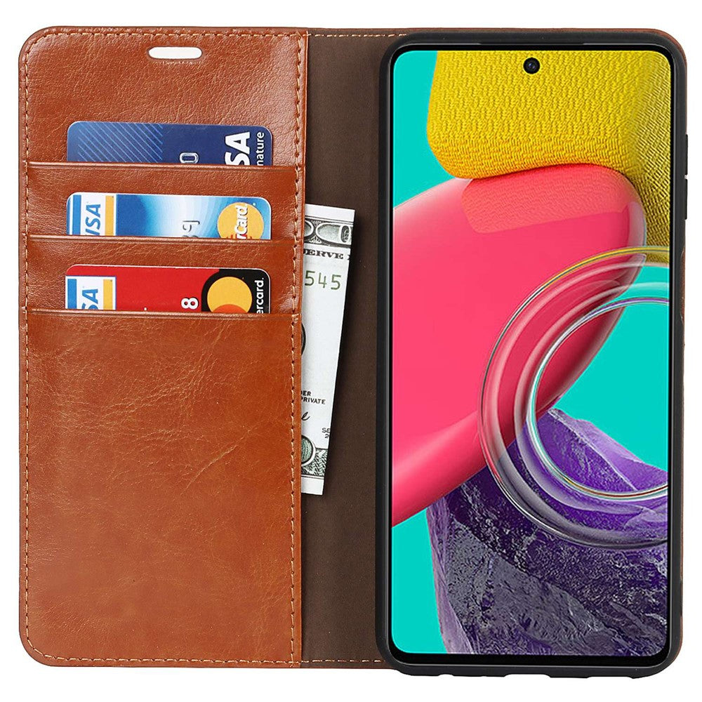For Samsung Galaxy M53 5G Shockproof Genuine Leather Flip Cover Crazy Horse Texture Wallet Viewing Stand Magnetic Absorption Shell - Light Brown