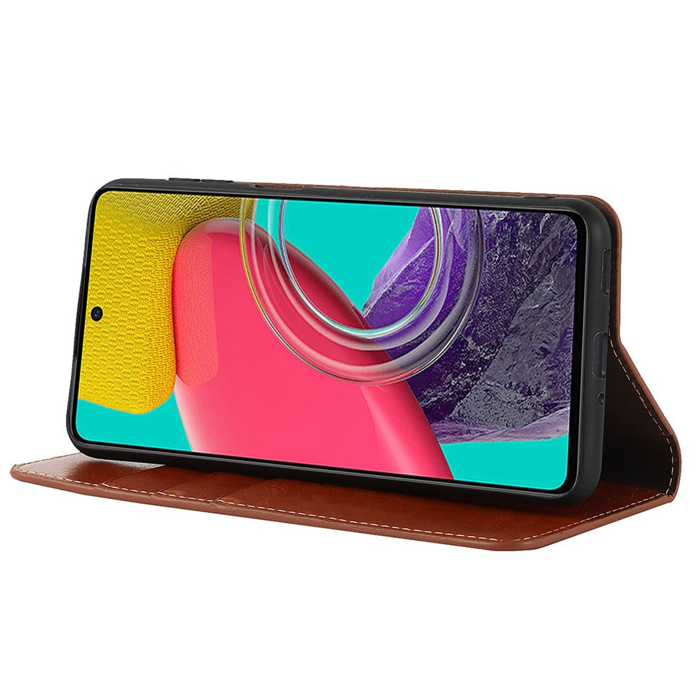 For Samsung Galaxy M53 5G Shockproof Genuine Leather Flip Cover Crazy Horse Texture Wallet Viewing Stand Magnetic Absorption Shell - Light Brown