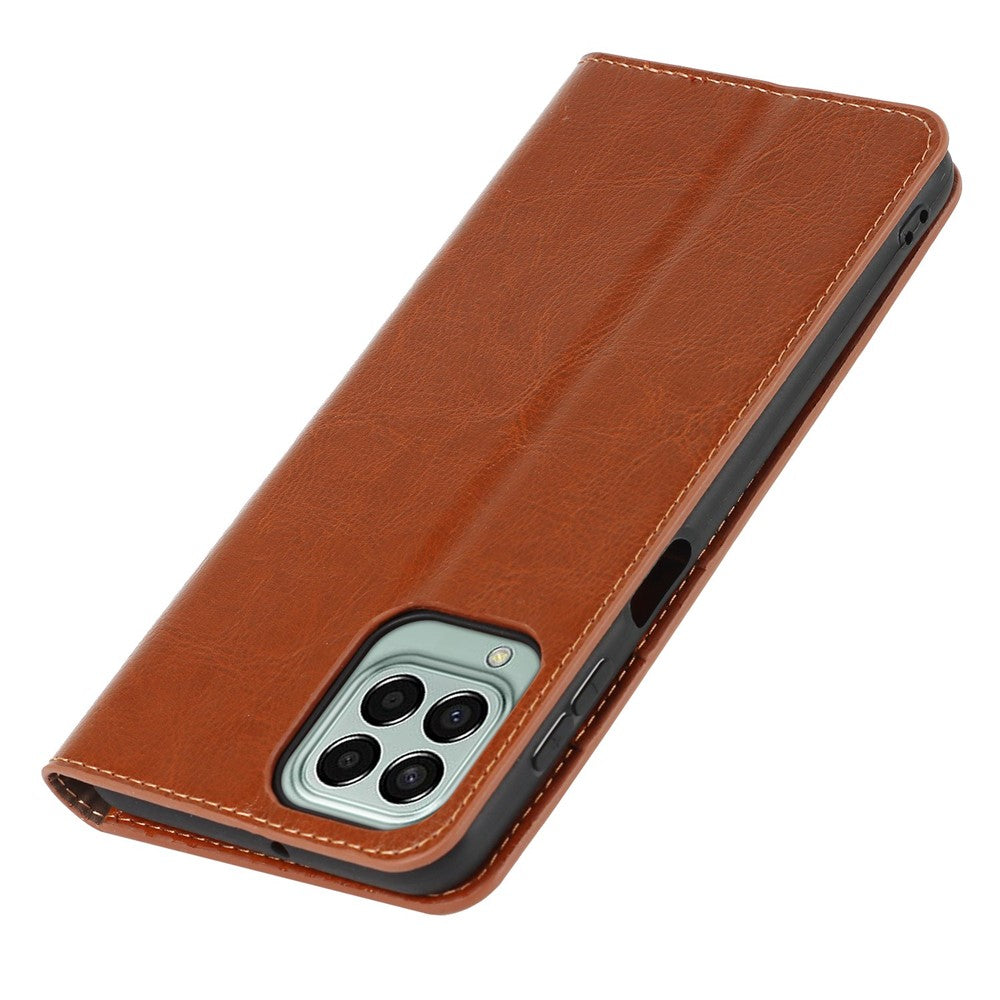 For Samsung Galaxy M53 5G Shockproof Genuine Leather Flip Cover Crazy Horse Texture Wallet Viewing Stand Magnetic Absorption Shell - Light Brown