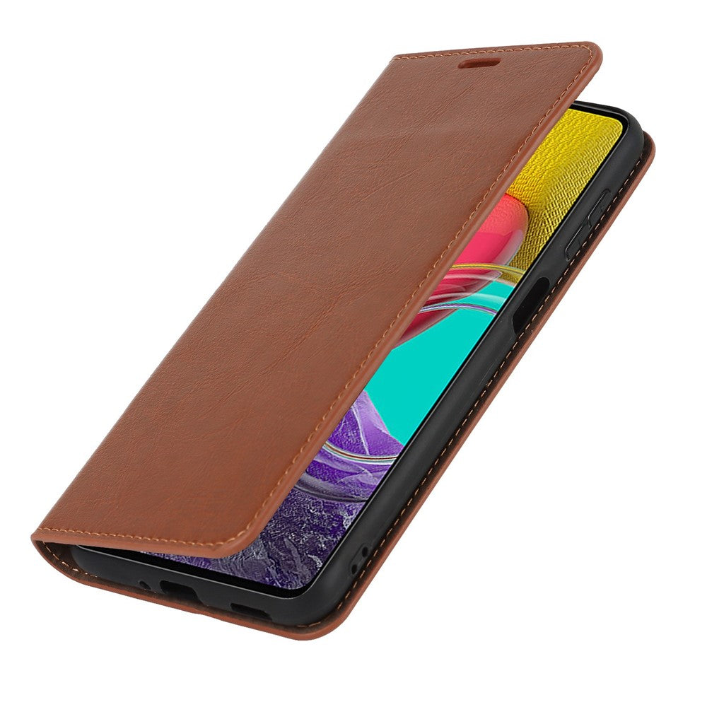 For Samsung Galaxy M53 5G Shockproof Genuine Leather Flip Cover Crazy Horse Texture Wallet Viewing Stand Magnetic Absorption Shell - Light Brown
