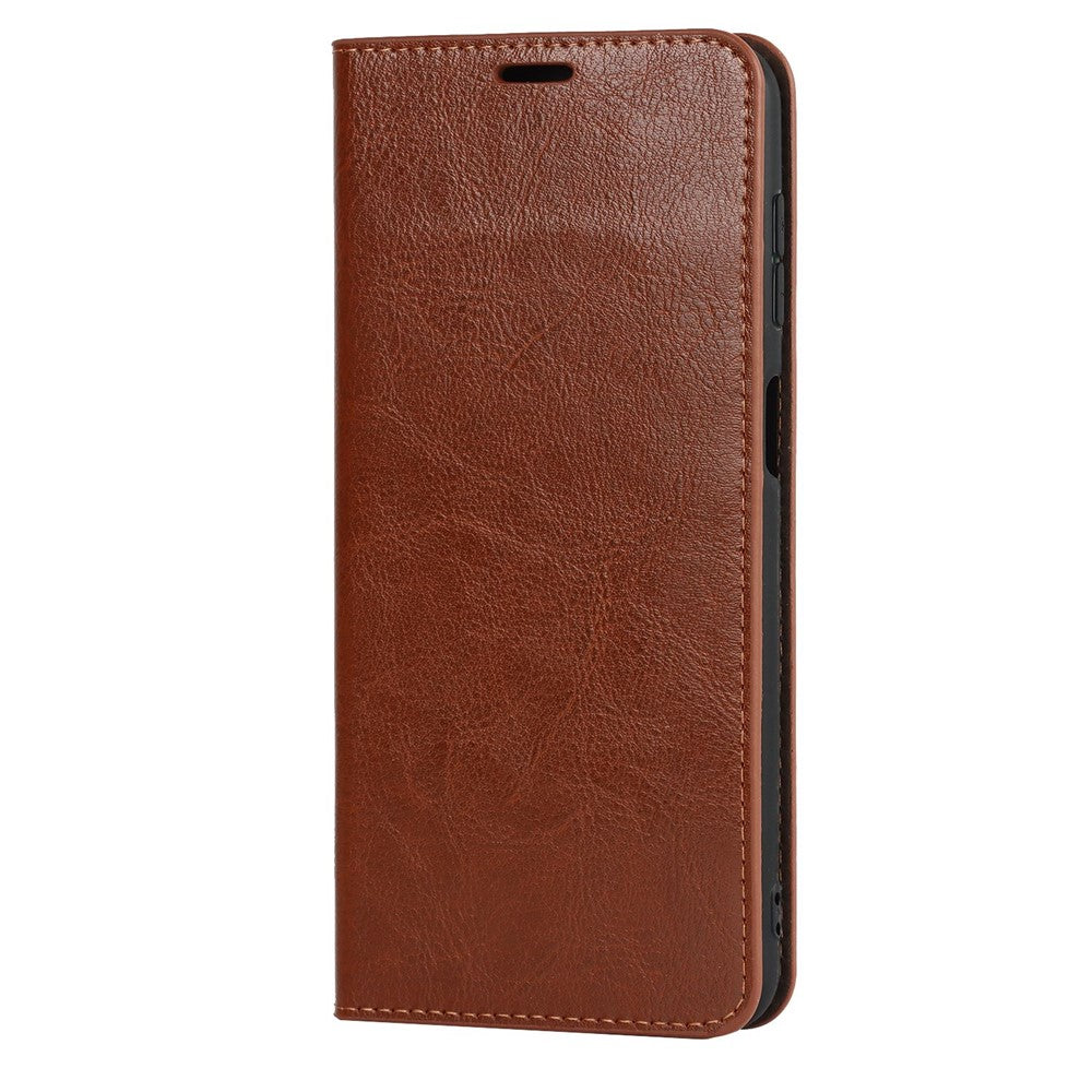 For Samsung Galaxy M53 5G Shockproof Genuine Leather Flip Cover Crazy Horse Texture Wallet Viewing Stand Magnetic Absorption Shell - Light Brown
