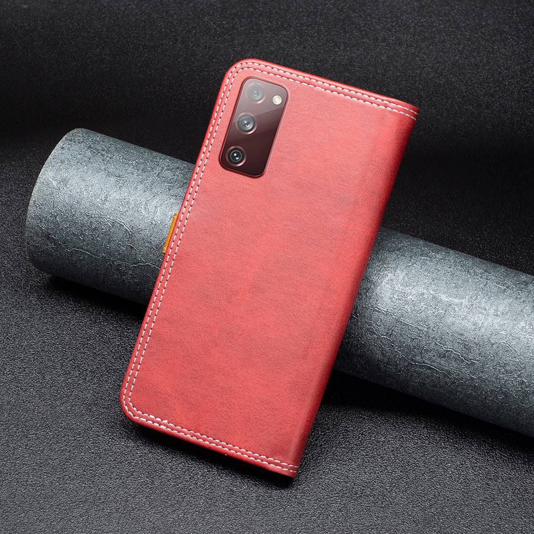BINFEN COLOR BF Leather Series-8 for Samsung Galaxy S20 FE/S20 FE 5G/S20 FE 2022/S20 Lite Phone Case 12 Style Double Stitching Lines Splicing Leather Precise Cutouts Phone Stand Cover - Red