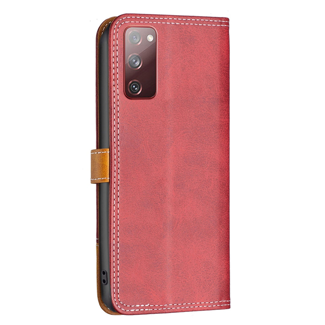 BINFEN COLOR BF Leather Series-8 for Samsung Galaxy S20 FE/S20 FE 5G/S20 FE 2022/S20 Lite Phone Case 12 Style Double Stitching Lines Splicing Leather Precise Cutouts Phone Stand Cover - Red