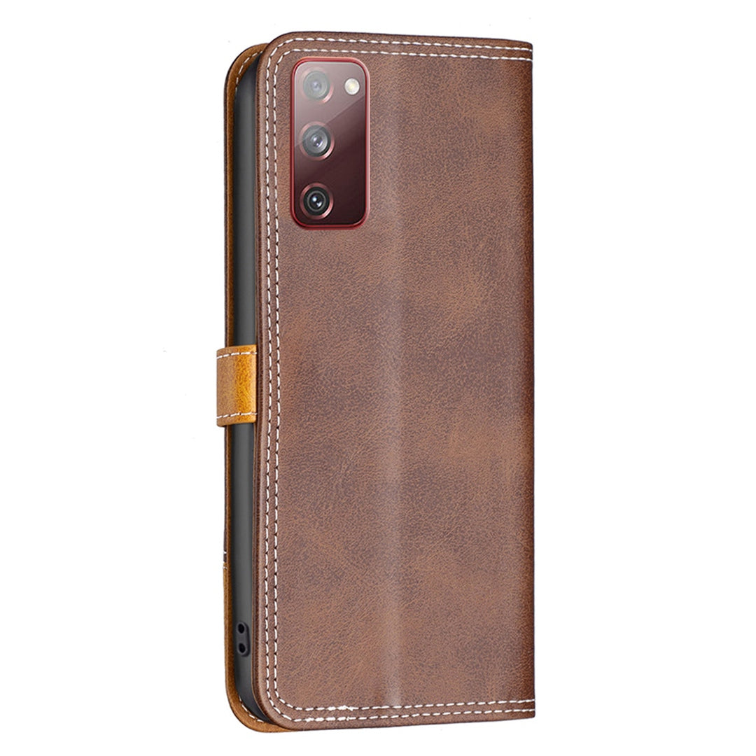 BINFEN COLOR BF Leather Series-8 for Samsung Galaxy S20 FE/S20 FE 5G/S20 FE 2022/S20 Lite Phone Case 12 Style Double Stitching Lines Splicing Leather Precise Cutouts Phone Stand Cover - Coffee