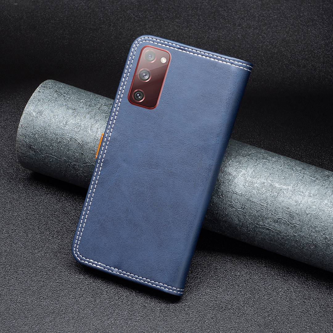 BINFEN COLOR BF Leather Series-8 for Samsung Galaxy S20 FE/S20 FE 5G/S20 FE 2022/S20 Lite Phone Case 12 Style Double Stitching Lines Splicing Leather Precise Cutouts Phone Stand Cover - Blue
