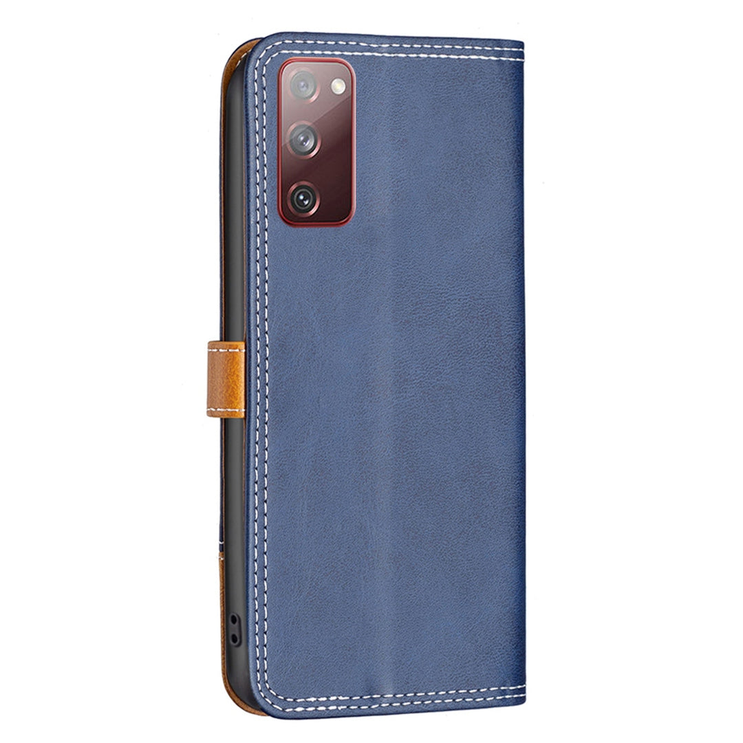 BINFEN COLOR BF Leather Series-8 for Samsung Galaxy S20 FE/S20 FE 5G/S20 FE 2022/S20 Lite Phone Case 12 Style Double Stitching Lines Splicing Leather Precise Cutouts Phone Stand Cover - Blue