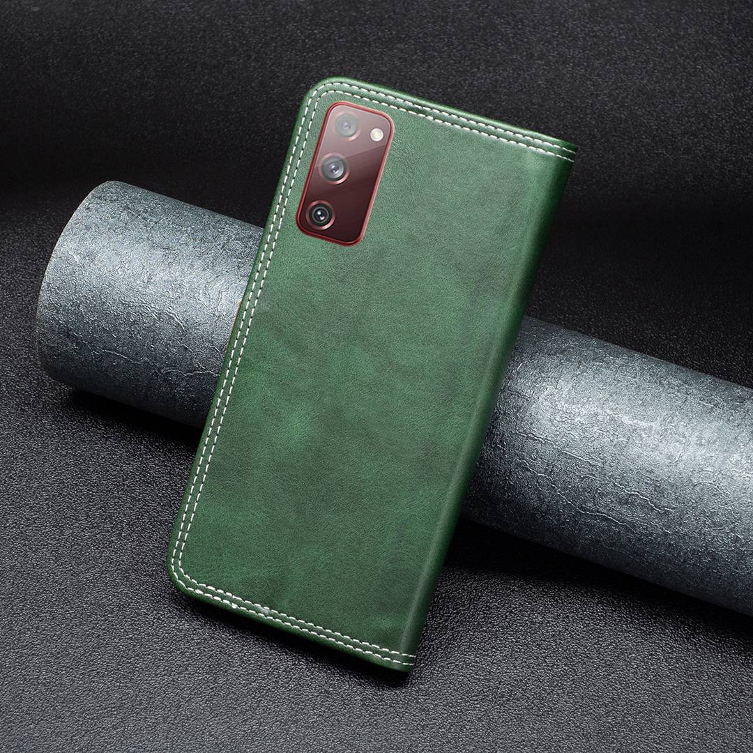 BINFEN COLOR BF Leather Series-8 for Samsung Galaxy S20 FE/S20 FE 5G/S20 FE 2022/S20 Lite Phone Case 12 Style Double Stitching Lines Splicing Leather Precise Cutouts Phone Stand Cover - Green