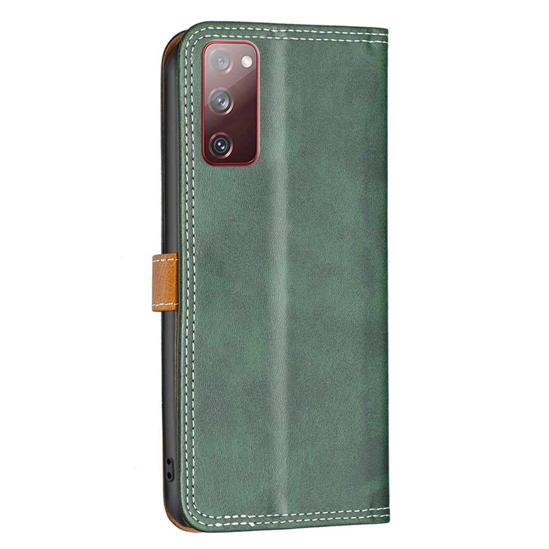 BINFEN COLOR BF Leather Series-8 for Samsung Galaxy S20 FE/S20 FE 5G/S20 FE 2022/S20 Lite Phone Case 12 Style Double Stitching Lines Splicing Leather Precise Cutouts Phone Stand Cover - Green