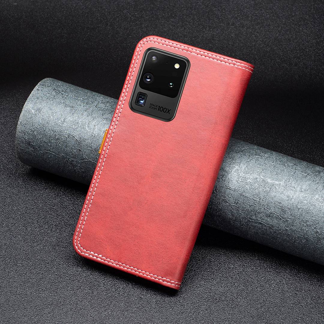 BINFEN COLOR BF Leather Series-8 for Samsung Galaxy S20 Ultra 12 Style Double Stitching Lines Splicing Leather Phone Case Card Holder Stand Anti-wear Cover - Red