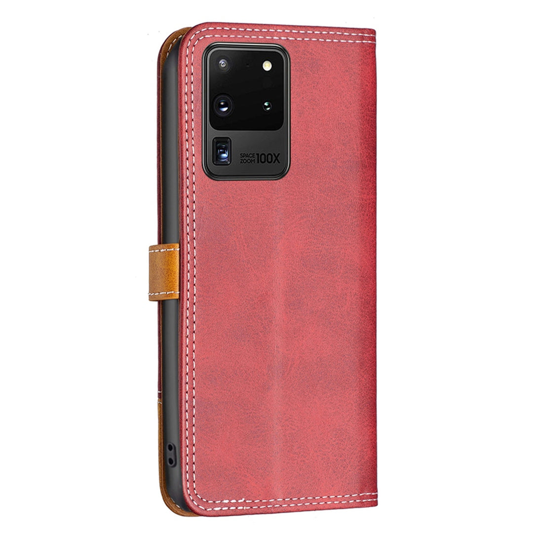 BINFEN COLOR BF Leather Series-8 for Samsung Galaxy S20 Ultra 12 Style Double Stitching Lines Splicing Leather Phone Case Card Holder Stand Anti-wear Cover - Red