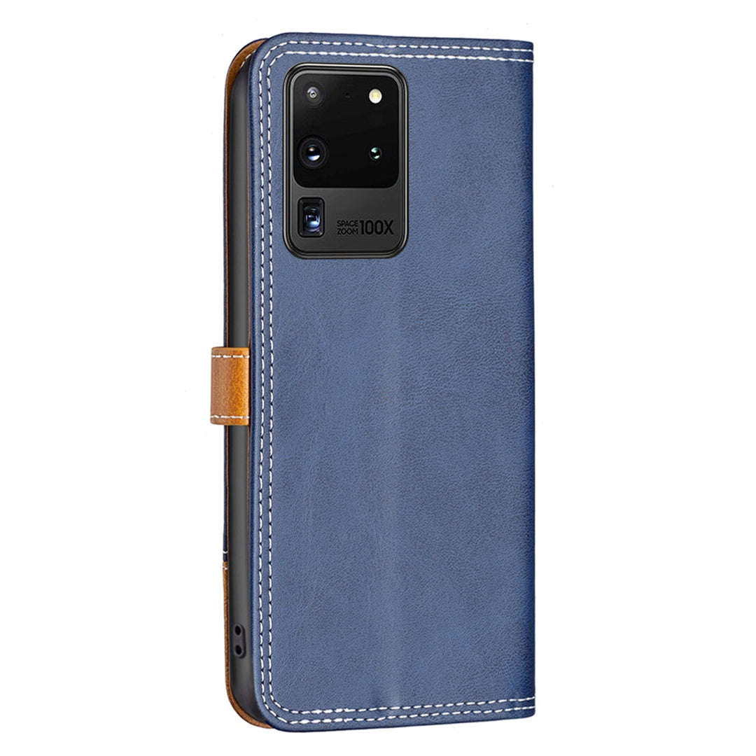 BINFEN COLOR BF Leather Series-8 for Samsung Galaxy S20 Ultra 12 Style Double Stitching Lines Splicing Leather Phone Case Card Holder Stand Anti-wear Cover - Blue