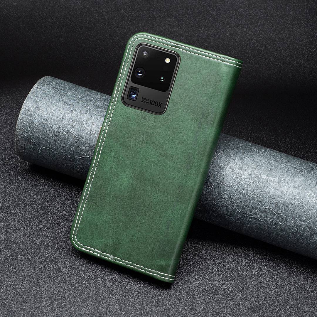 BINFEN COLOR BF Leather Series-8 for Samsung Galaxy S20 Ultra 12 Style Double Stitching Lines Splicing Leather Phone Case Card Holder Stand Anti-wear Cover - Green