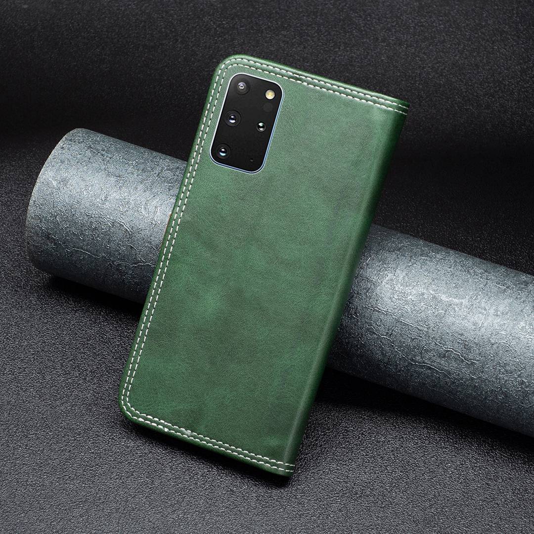 BINFEN COLOR BF Leather Series-8 for Samsung Galaxy S20 Plus 5G/4G Ultra Slim Shockproof Phone Cover 12 Style Double Stitching Lines Splicing Leather Case Card Holder Stand - Green