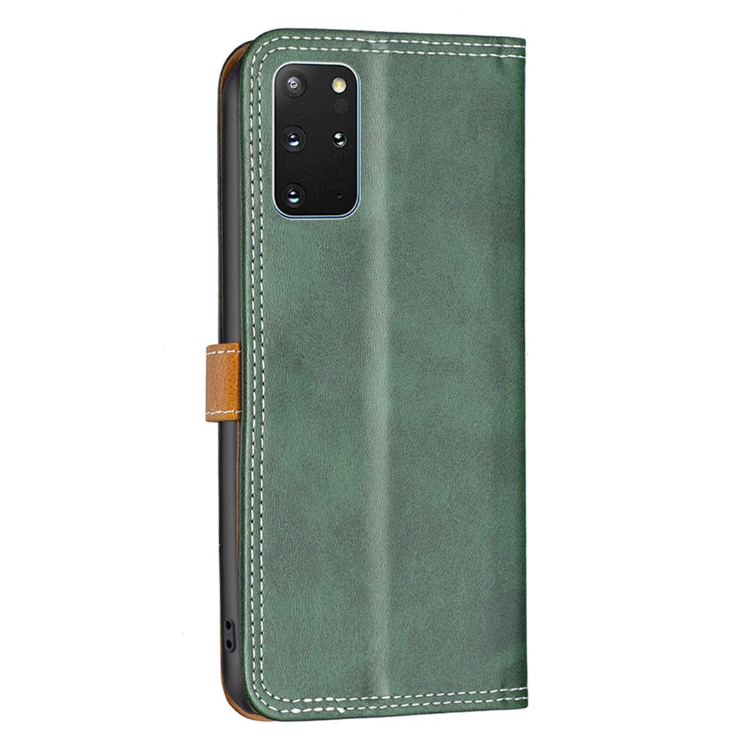 BINFEN COLOR BF Leather Series-8 for Samsung Galaxy S20 Plus 5G/4G Ultra Slim Shockproof Phone Cover 12 Style Double Stitching Lines Splicing Leather Case Card Holder Stand - Green
