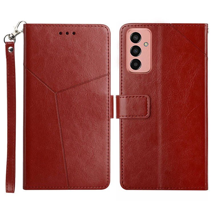 For Samsung Galaxy M13 4G Imprinted Y-Shaped Lines Wallet Stand Case PU Leather Soft TPU Protective Cover with Strap - Brown
