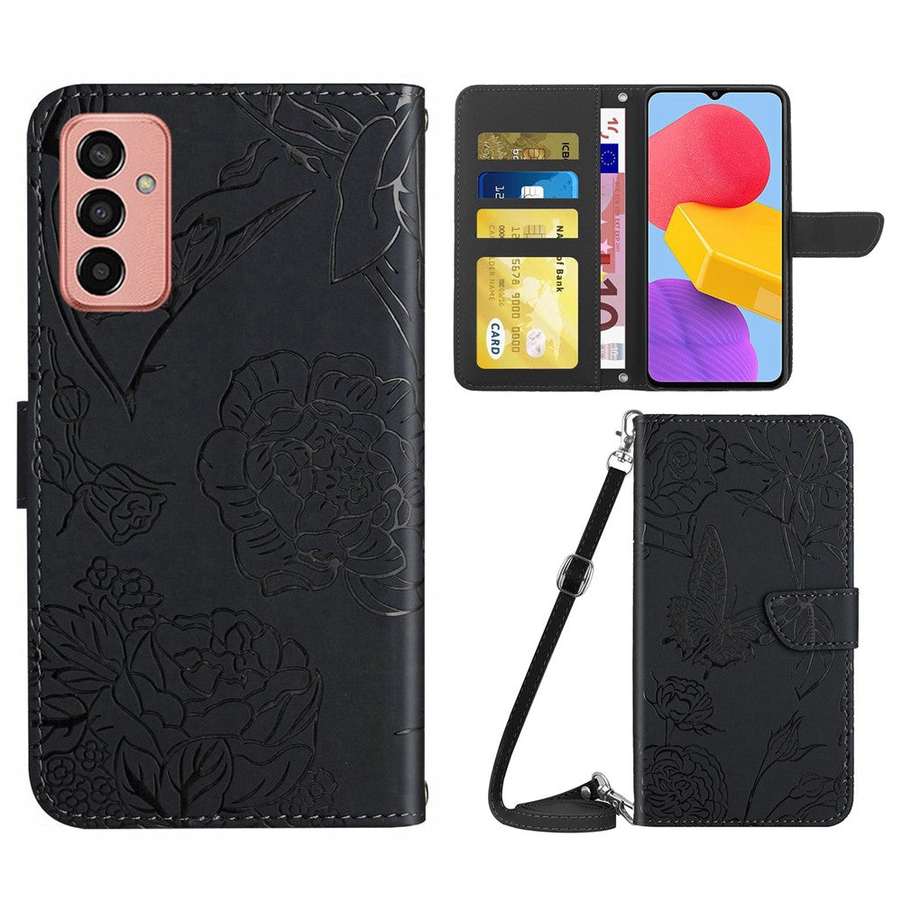 For Samsung Galaxy M13 4G Stand Wallet Phone Case PU Leather Butterfly Flowers Imprinting Skin-touch Protective Cover with Shoulder Strap - Black