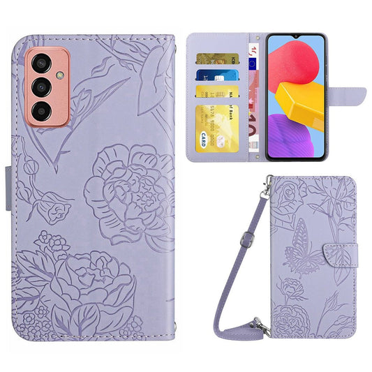 For Samsung Galaxy M13 4G Stand Wallet Phone Case PU Leather Butterfly Flowers Imprinting Skin-touch Protective Cover with Shoulder Strap - Light Purple