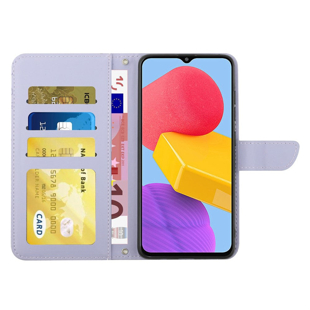 For Samsung Galaxy M13 4G Stand Wallet Phone Case PU Leather Butterfly Flowers Imprinting Skin-touch Protective Cover with Shoulder Strap - Light Purple