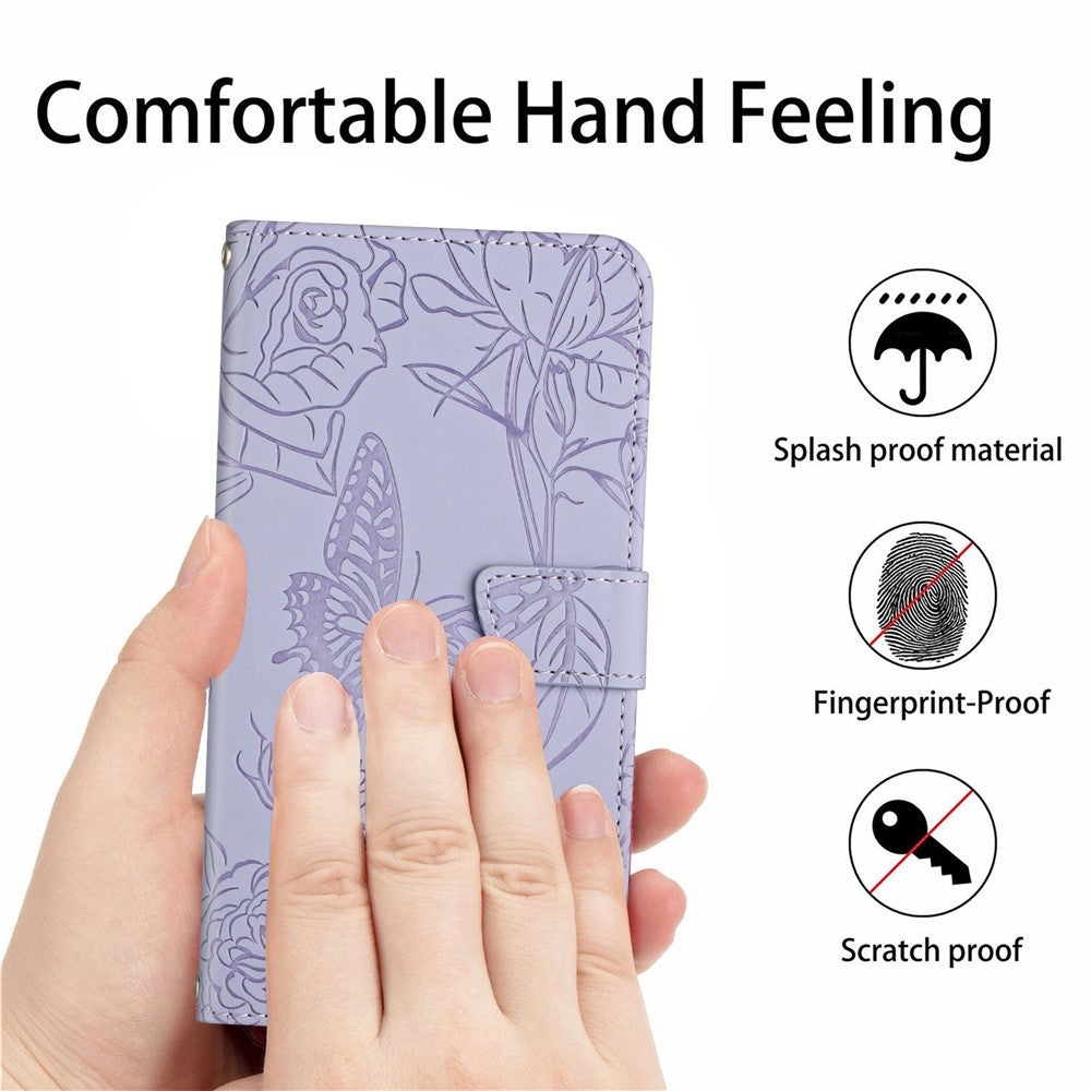 For Samsung Galaxy M13 4G Stand Wallet Phone Case PU Leather Butterfly Flowers Imprinting Skin-touch Protective Cover with Shoulder Strap - Light Purple