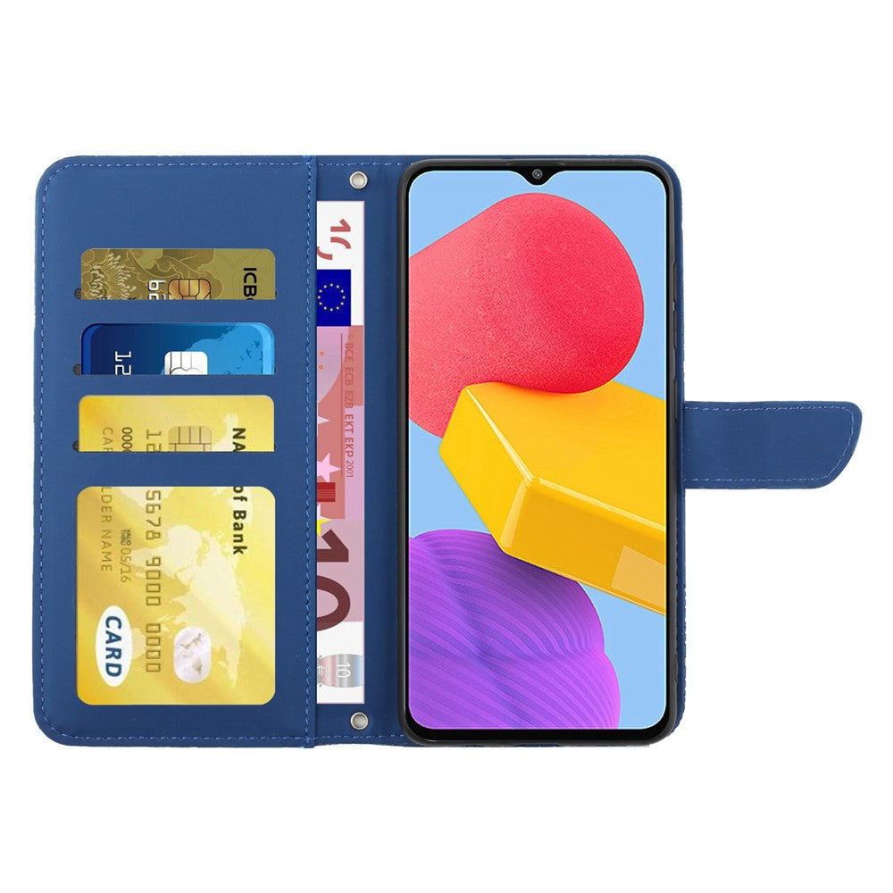 For Samsung Galaxy M13 4G Stand Wallet Phone Case PU Leather Butterfly Flowers Imprinting Skin-touch Protective Cover with Shoulder Strap - Blue
