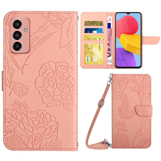 For Samsung Galaxy M13 4G Stand Wallet Phone Case PU Leather Butterfly Flowers Imprinting Skin-touch Protective Cover with Shoulder Strap - Pink