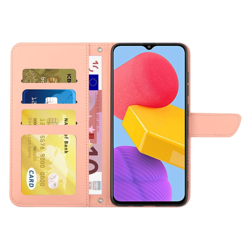 For Samsung Galaxy M13 4G Stand Wallet Phone Case PU Leather Butterfly Flowers Imprinting Skin-touch Protective Cover with Shoulder Strap - Pink