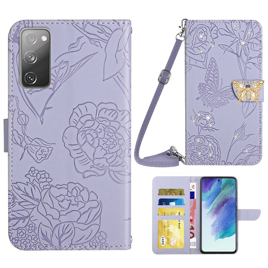 For Samsung Galaxy S20 FE / S20 FE 5G / S20 FE 2022 / S20 Lite Rhinestone Decor Leather Case Butterfly Flowers Imprinted Phone Stand Wallet Cover with Shoulder Strap - Light Purple